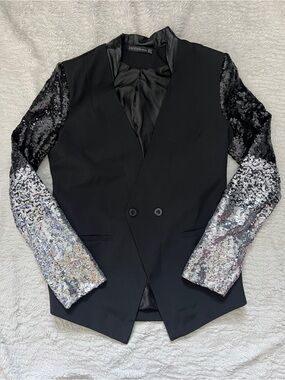 ZANZEA Sequin Sleeve Blazer Jacket Black Silver Colorblock Glam Party US 4 Small